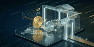 Fotografía editorial de estilo financiero con iluminación dramática. En el primer plano, una red digital de datos en azul y verde neón representa flujos de criptomonedas, la cual es capturada y contenida por una estructura geométrica, limpia e imponente de color cobre que simboliza la administración tributaria. El fondo es un entorno corporativo oscuro y sofisticado.