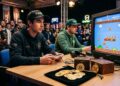 Dos jóvenes compiten en un torneo de Super Mario Bros junto a monedas físicas de bitcoin.