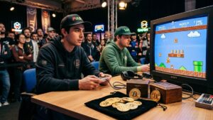 Dos jóvenes compiten en un torneo de Super Mario Bros junto a monedas físicas de bitcoin.