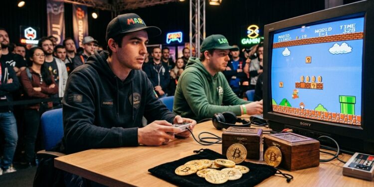 Dos jóvenes compiten en un torneo de Super Mario Bros junto a monedas físicas de bitcoin.