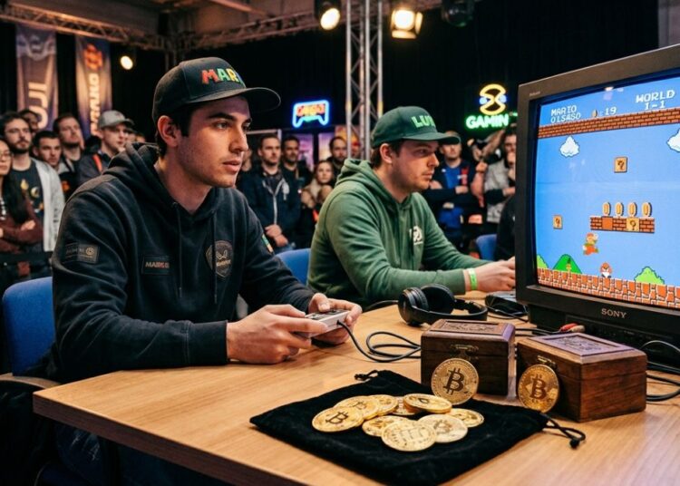 Dos jóvenes compiten en un torneo de Super Mario Bros junto a monedas físicas de bitcoin.