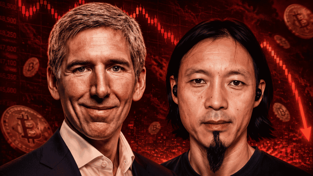 Primer plano: Matt Hougan y Willy Woo. Fondo: gráricos rojos de precio cayendo y monedas de bitcoin.