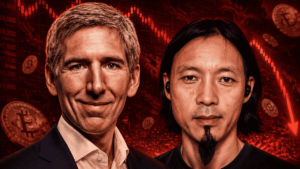 Primer plano: Matt Hougan y Willy Woo. Fondo: gráricos rojos de precio cayendo y monedas de bitcoin.