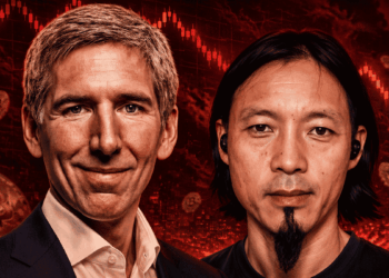 Primer plano: Matt Hougan y Willy Woo. Fondo: gráricos rojos de precio cayendo y monedas de bitcoin.