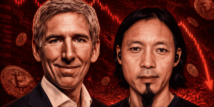 Primer plano: Matt Hougan y Willy Woo. Fondo: gráricos rojos de precio cayendo y monedas de bitcoin.
