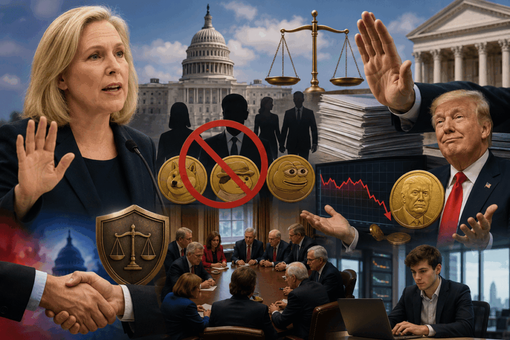 Montaje de Kirsten Gillibrand y Donald Trump junto a símbolos de criptomonedas, el Capitolio y elementos de regulación financiera en EE. UU