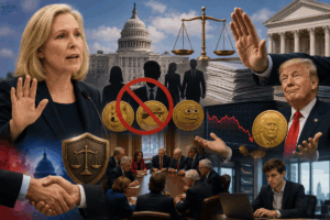 Montaje de Kirsten Gillibrand y Donald Trump junto a símbolos de criptomonedas, el Capitolio y elementos de regulación financiera en EE. UU