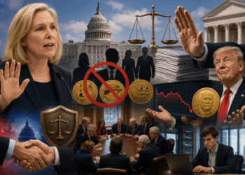 Montaje de Kirsten Gillibrand y Donald Trump junto a símbolos de criptomonedas, el Capitolio y elementos de regulación financiera en EE. UU