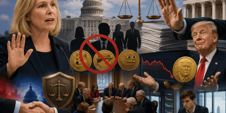 Montaje de Kirsten Gillibrand y Donald Trump junto a símbolos de criptomonedas, el Capitolio y elementos de regulación financiera en EE. UU