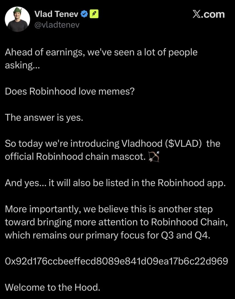 Post en X eliminado del CEO de Robinhood.