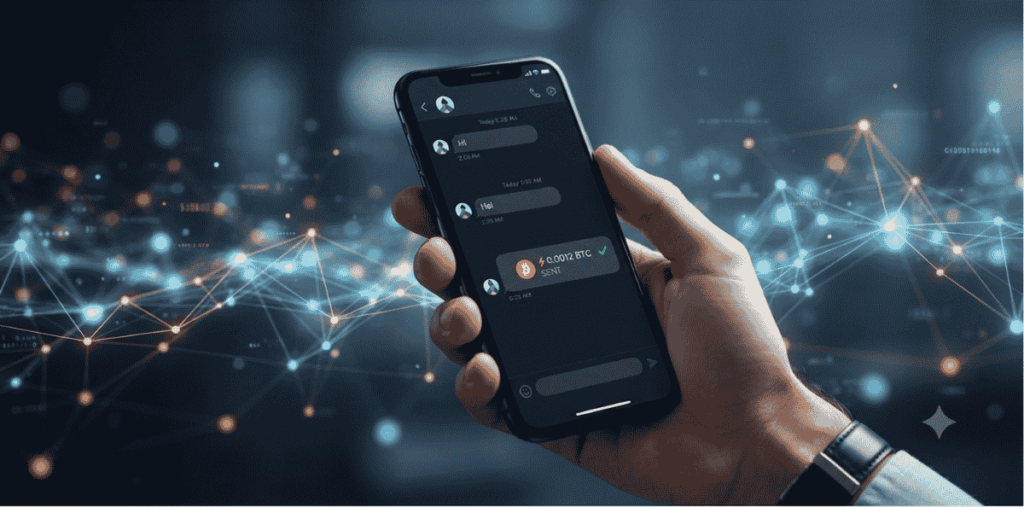 Teléfono móvil, un chat enviando BTC.
