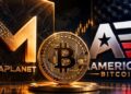 El logo de Metaplanet y el de American Bitcoin detrás de una moneda física de bitcoin.