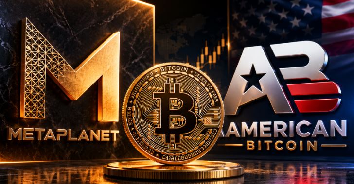 El logo de Metaplanet y el de American Bitcoin detrás de una moneda física de bitcoin.