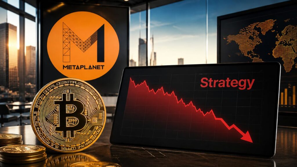 Una moneda de bitcoin se muestra junto a una tableta que exhibe un gráfico de mercado a la baja con la palabra 'Strategy', con un fondo de oficina corporativa y el logo de Metaplanet en segundo plano.