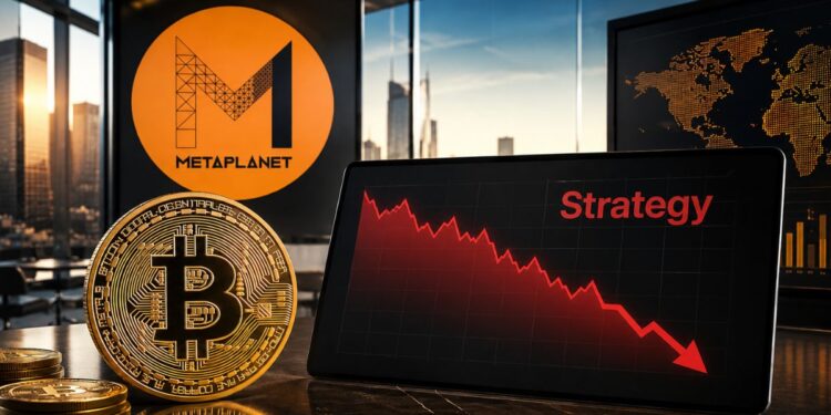 Una moneda de bitcoin se muestra junto a una tableta que exhibe un gráfico de mercado a la baja con la palabra 'Strategy', con un fondo de oficina corporativa y el logo de Metaplanet en segundo plano.