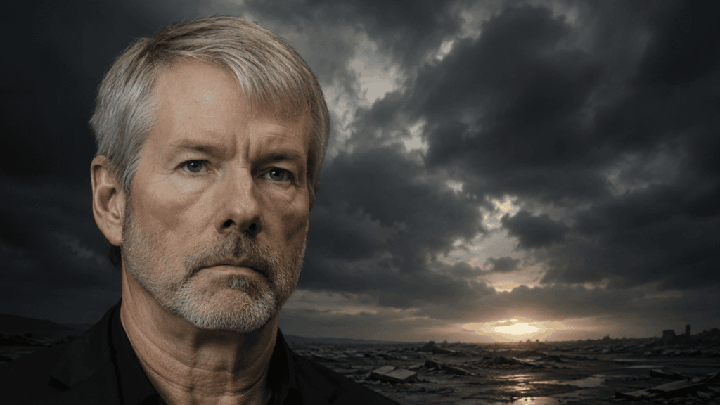 Michael Saylor delante de un fondo que da idea de tristeza, desolación, algo malo.