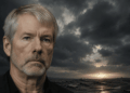 Michael Saylor delante de un fondo que da idea de tristeza, desolación, algo malo.