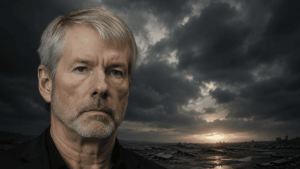 Michael Saylor delante de un fondo que da idea de tristeza, desolación, algo malo.