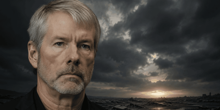Michael Saylor delante de un fondo que da idea de tristeza, desolación, algo malo.
