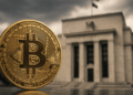 Moneda de bitcoin y edificio de la FED.