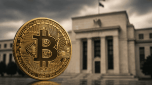 Moneda de bitcoin y edificio de la FED.