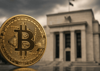 Moneda de bitcoin y edificio de la FED.