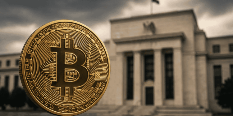 Moneda de bitcoin y edificio de la FED.