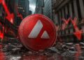 Una moneda física de avalanche en Wall Street junto a gráficos de precio de velas rojas y un edificio en ruinas.