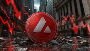 Una moneda física de avalanche en Wall Street junto a gráficos de precio de velas rojas y un edificio en ruinas.