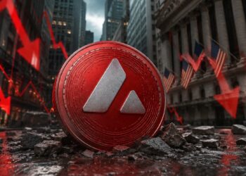 Una moneda física de avalanche en Wall Street junto a gráficos de precio de velas rojas y un edificio en ruinas.