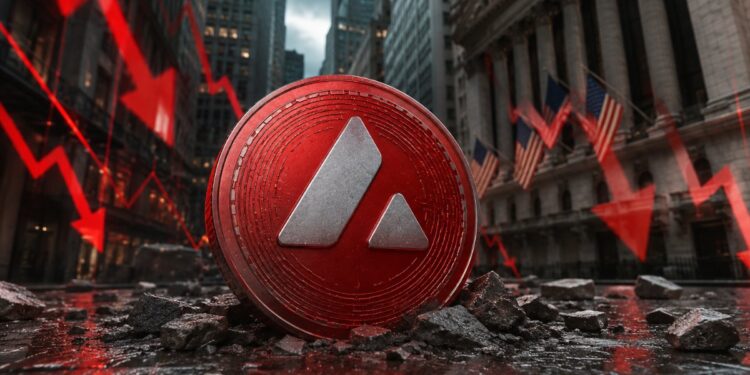Una moneda física de avalanche en Wall Street junto a gráficos de precio de velas rojas y un edificio en ruinas.