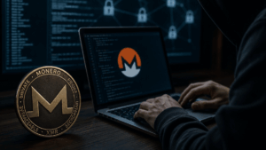 Ambiente oscuro. Moneda física de monero. Alguien usando una computadora. Logo de monero en el monitor.