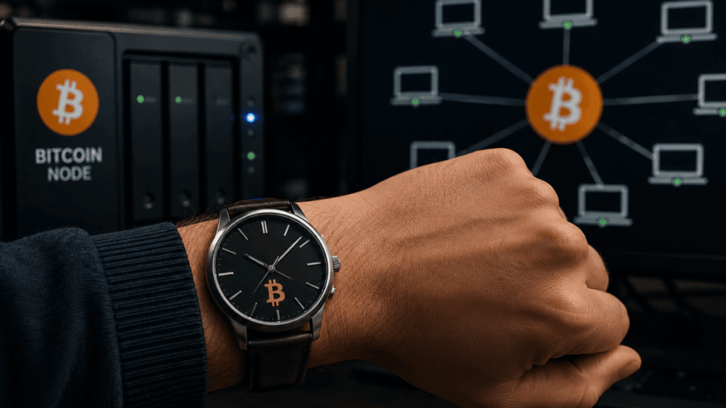 Mano con un reloj en su muñeca. Imágenes que simbolizan un nodo de Bitcoin.,