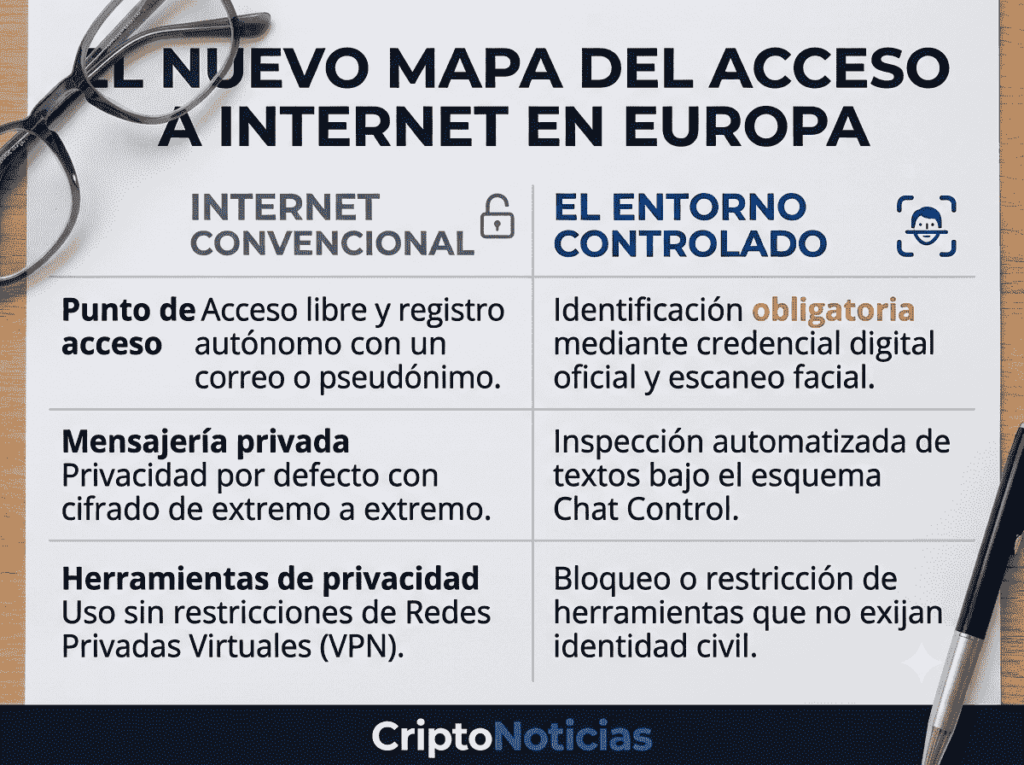 Infografía comparativa de CriptoNoticias titulada "El nuevo mapa del acceso a internet en Europa". Muestra una tabla de dos columnas que contrasta el "Internet convencional" frente al "Entorno controlado" europeo. En el modelo convencional se destaca el acceso libre con pseudónimo, el cifrado por defecto y el uso irrestricto de VPN. En el entorno controlado se denuncian los puntos de peligro con alertas rojas: la identificación biométrica obligatoria mediante DNI, la inspección automatizada de mensajes (Chat Control) y el bloqueo de herramientas de privacidad anónimas.