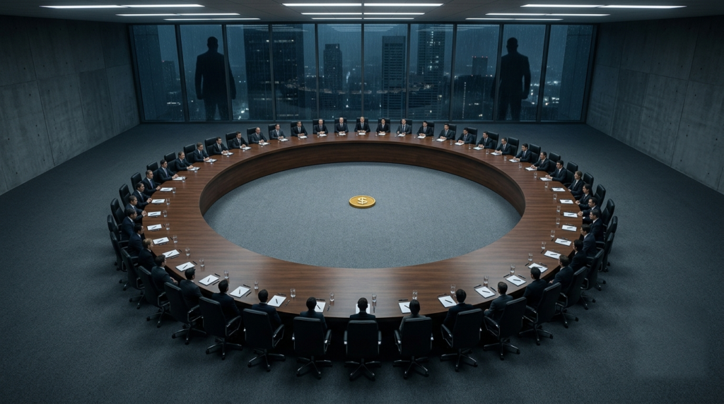 Vista cenital de una gran mesa de negociación circular en una sala corporativa sobria, iluminación fría y difusa. Alrededor de la mesa, más de un centenar de sillas idénticas, todas del mismo tamaño y sin ninguna en cabecera, sugiriendo que ningún actor preside. En el centro exacto de la mesa, una única moneda dorada con el símbolo del dólar, pequeña frente a la amplitud de la mesa. La composición transmite multitud y paridad forzada. Fuera de la sala, a través de un ventanal al fondo, dos siluetas grandes y en sombra observan desde afuera, más imponentes que cualquiera de los sentados. Estilo fotográfico realista, paleta grafito y azul acero con el único acento cálido en la moneda central. Sin texto. Formato horizontal 16:9.