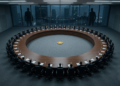 Vista cenital de una gran mesa de negociación circular en una sala corporativa sobria, iluminación fría y difusa. Alrededor de la mesa, más de un centenar de sillas idénticas, todas del mismo tamaño y sin ninguna en cabecera, sugiriendo que ningún actor preside. En el centro exacto de la mesa, una única moneda dorada con el símbolo del dólar, pequeña frente a la amplitud de la mesa. La composición transmite multitud y paridad forzada. Fuera de la sala, a través de un ventanal al fondo, dos siluetas grandes y en sombra observan desde afuera, más imponentes que cualquiera de los sentados. Estilo fotográfico realista, paleta grafito y azul acero con el único acento cálido en la moneda central. Sin texto. Formato horizontal 16:9.