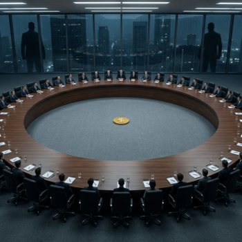 Vista cenital de una gran mesa de negociación circular en una sala corporativa sobria, iluminación fría y difusa. Alrededor de la mesa, más de un centenar de sillas idénticas, todas del mismo tamaño y sin ninguna en cabecera, sugiriendo que ningún actor preside. En el centro exacto de la mesa, una única moneda dorada con el símbolo del dólar, pequeña frente a la amplitud de la mesa. La composición transmite multitud y paridad forzada. Fuera de la sala, a través de un ventanal al fondo, dos siluetas grandes y en sombra observan desde afuera, más imponentes que cualquiera de los sentados. Estilo fotográfico realista, paleta grafito y azul acero con el único acento cálido en la moneda central. Sin texto. Formato horizontal 16:9.