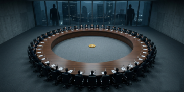 Vista cenital de una gran mesa de negociación circular en una sala corporativa sobria, iluminación fría y difusa. Alrededor de la mesa, más de un centenar de sillas idénticas, todas del mismo tamaño y sin ninguna en cabecera, sugiriendo que ningún actor preside. En el centro exacto de la mesa, una única moneda dorada con el símbolo del dólar, pequeña frente a la amplitud de la mesa. La composición transmite multitud y paridad forzada. Fuera de la sala, a través de un ventanal al fondo, dos siluetas grandes y en sombra observan desde afuera, más imponentes que cualquiera de los sentados. Estilo fotográfico realista, paleta grafito y azul acero con el único acento cálido en la moneda central. Sin texto. Formato horizontal 16:9.