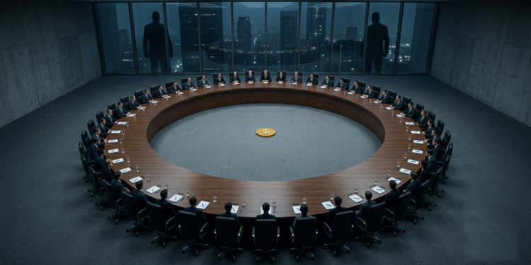 Vista cenital de una gran mesa de negociación circular en una sala corporativa sobria, iluminación fría y difusa. Alrededor de la mesa, más de un centenar de sillas idénticas, todas del mismo tamaño y sin ninguna en cabecera, sugiriendo que ningún actor preside. En el centro exacto de la mesa, una única moneda dorada con el símbolo del dólar, pequeña frente a la amplitud de la mesa. La composición transmite multitud y paridad forzada. Fuera de la sala, a través de un ventanal al fondo, dos siluetas grandes y en sombra observan desde afuera, más imponentes que cualquiera de los sentados. Estilo fotográfico realista, paleta grafito y azul acero con el único acento cálido en la moneda central. Sin texto. Formato horizontal 16:9.