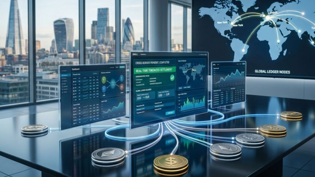 Pago transfronterizo bancario con dinero tokenizado representado sobre una mesa interactiva en un entorno financiero global.