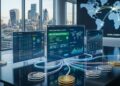 Pago transfronterizo bancario con dinero tokenizado representado sobre una mesa interactiva en un entorno financiero global.