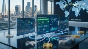Pago transfronterizo bancario con dinero tokenizado representado sobre una mesa interactiva en un entorno financiero global.