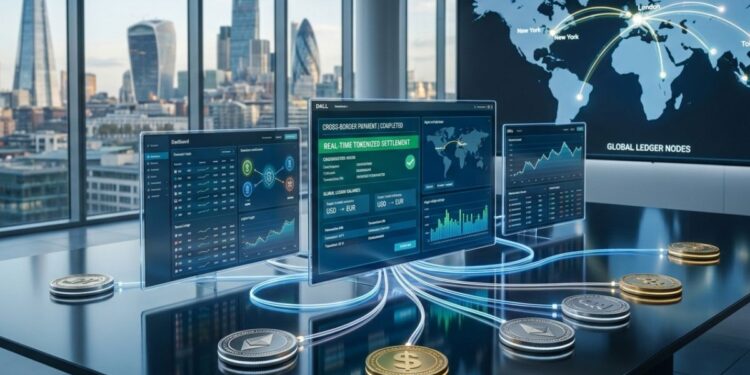 Pago transfronterizo bancario con dinero tokenizado representado sobre una mesa interactiva en un entorno financiero global.