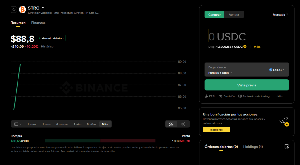 Portal de compraventa de acciones en Binance.