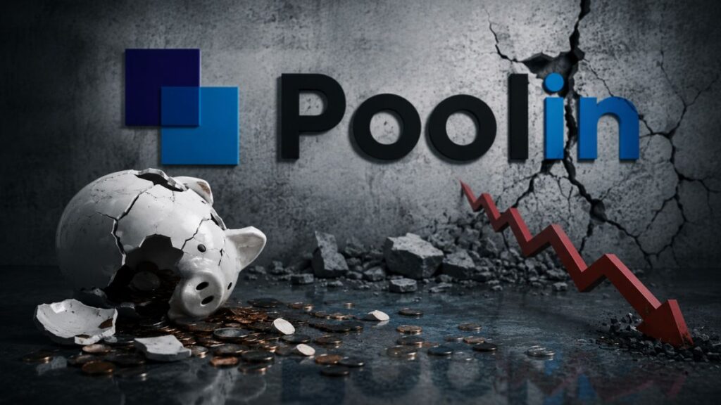 Logo de Poolin sobre una pared agrietada con una alcancía rota y una flecha roja hacia abajo.