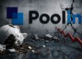 Logo de Poolin sobre una pared agrietada con una alcancía rota y una flecha roja hacia abajo.