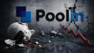 Logo de Poolin sobre una pared agrietada con una alcancía rota y una flecha roja hacia abajo.
