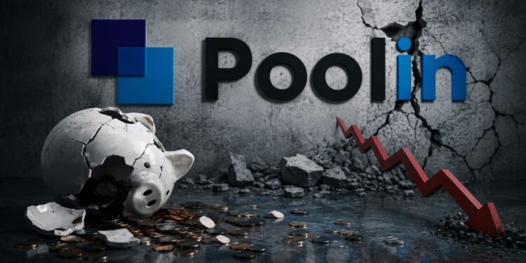 Logo de Poolin sobre una pared agrietada con una alcancía rota y una flecha roja hacia abajo.