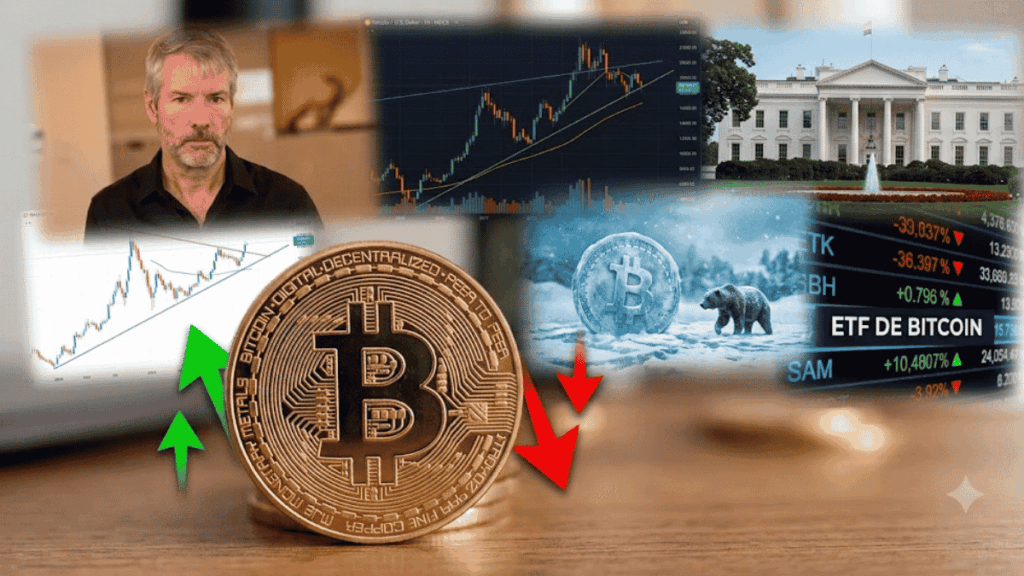 Primer plano: moneda de bitcoin con flechas hacia arriba y hacia abajo. Fondo: Michael Saylor, gráficos de precio, Casa Blanca, un bitcoin congelado al lado de un oso.