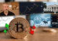 Primer plano: moneda de bitcoin con flechas hacia arriba y hacia abajo. Fondo: Michael Saylor, gráficos de precio, Casa Blanca, un bitcoin congelado al lado de un oso.